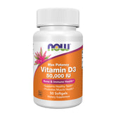 NOW Foods Vitamin D-3 50,000 IU softgel bottle showing high potency for bone and immune support