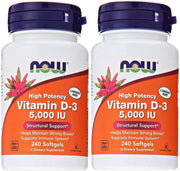 NOW Foods Vitamin D3 5,000 IU softgels bottle front promotes immune support.