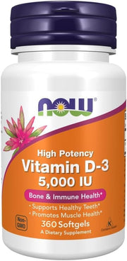 NOW Foods Vitamin D3 softgels bottle front highlighting high potency for immune and bone support.