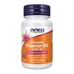 NOW Foods Vitamin D-3 chewables bottle front for convenient daily bone and immune support.