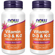NOW Foods Vitamin D-3 & K-2 bottle with capsules for bone and heart support.