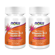 NOW Foods Vitamin D-3 softgels bottle front highlights high potency bone support