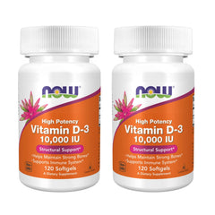 NOW Foods Vitamin D-3 softgels bottle front highlights high potency bone support