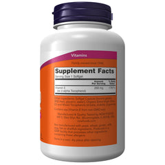 NOW Foods Vitamin E mixed tocopherols label highlights plant-derived ingredients for cellular health