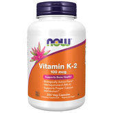 NOW Foods Vitamin K-2 bottle front showing label and cap; may support bone matrix formation.