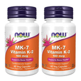 NOW Foods Vitamin K-2 MK7 bottle front with 100 mcg dosage for bone health.