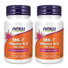 NOW Foods Vitamin K-2 MK7 bottle front with 100 mcg dosage for bone health.