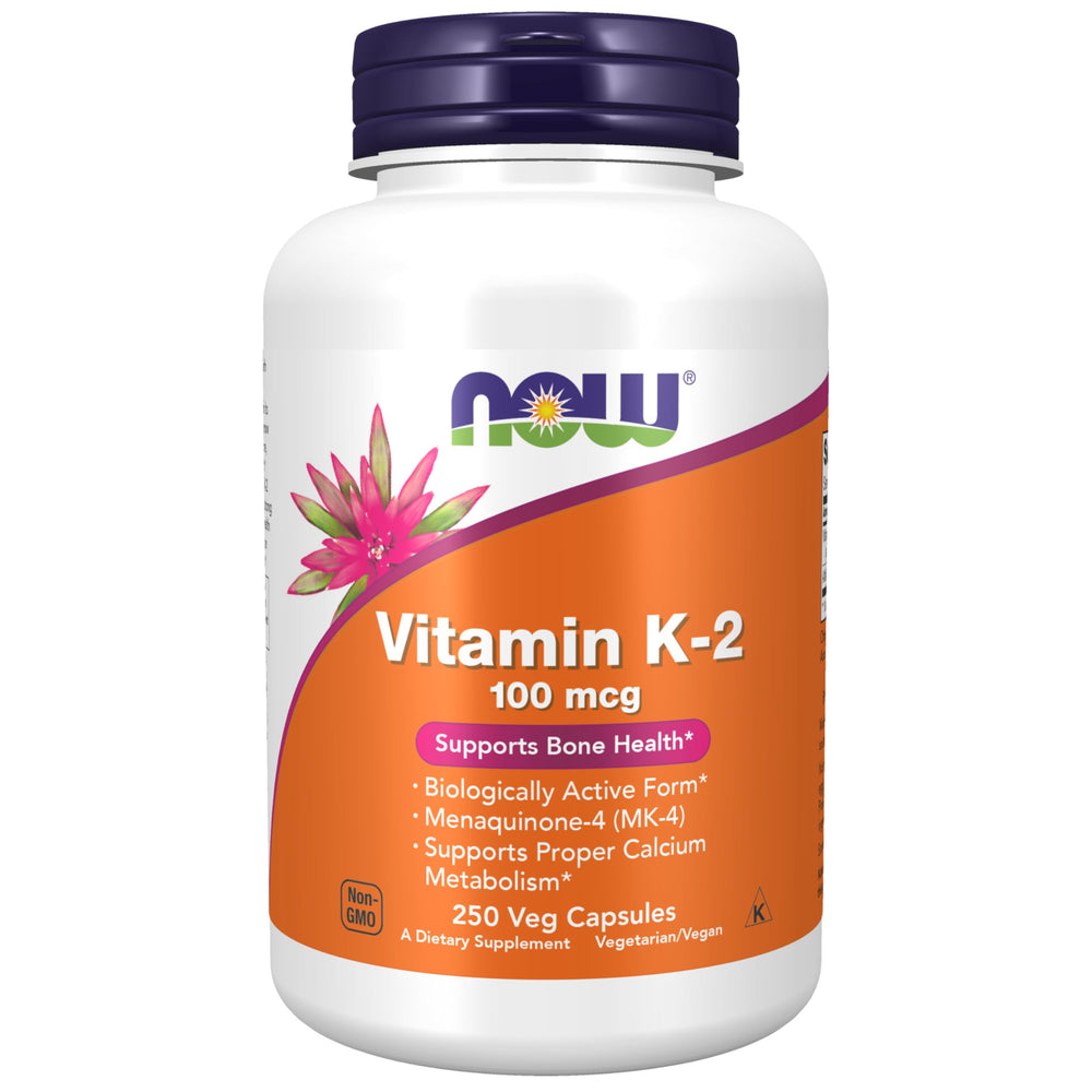 NOW Foods Vitamin K-2 MK-4 bottle front emphasizes bone health support and trust.