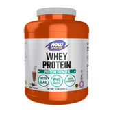NOW Foods whey protein powder in creamy chocolate ready for a shake