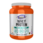 NOW Foods Whey Protein tub with vanilla flavor showing a premium amino acid blend for post-workout support