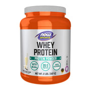 NOW Foods Whey Protein tub with vanilla flavor showing a premium amino acid blend for post-workout support