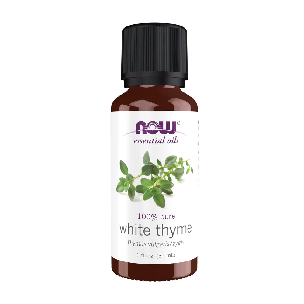 NOW Foods White Thyme oil bottle for uplifting ambiance.