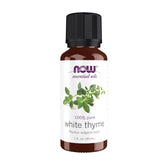 NOW Foods White Thyme oil bottle for uplifting ambiance.
