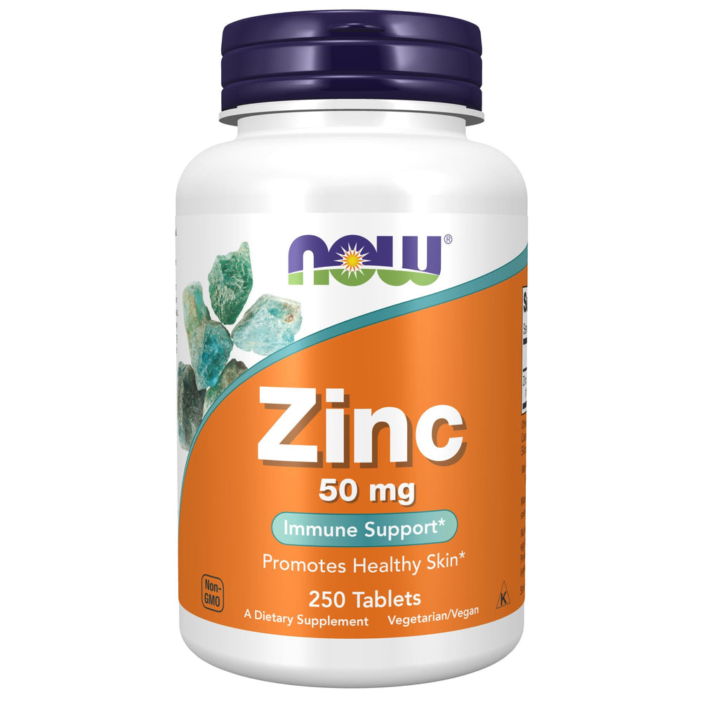 NOW Foods Zinc 50 mg tablets front label with dosage and branding
