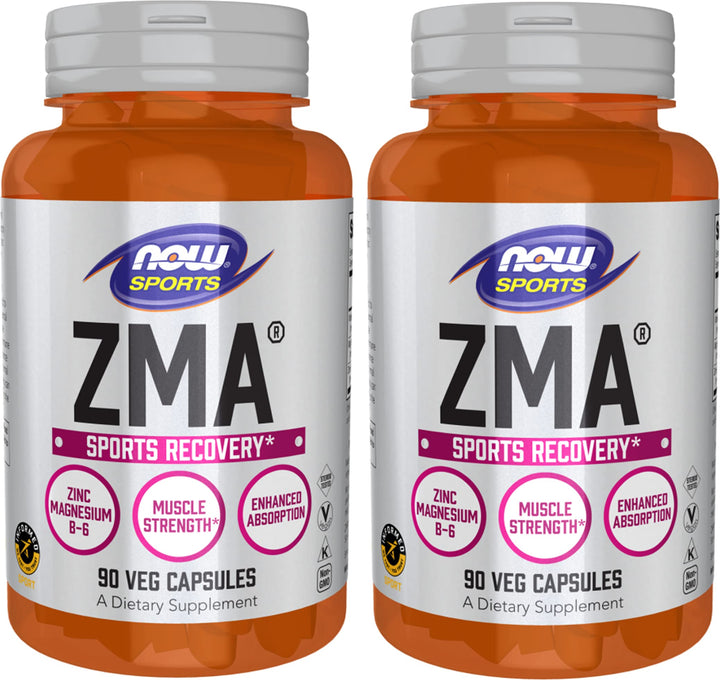 NOW Foods ZMA two-bottle pack on shelf for potential nightly recovery.