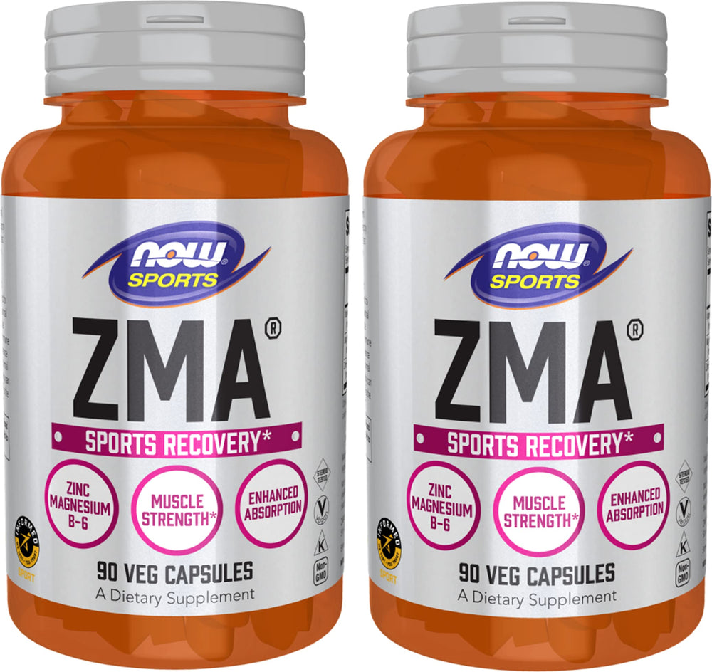 NOW Foods ZMA two-bottle pack on shelf for potential nightly recovery.