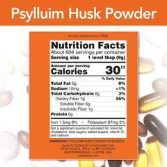 NOW Foods psyllium husk powder scoop showing measured serving size