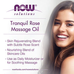 NOW Foods Tranquil Rose Massage Oil aromatherapy scene conveys soothing rose scent.