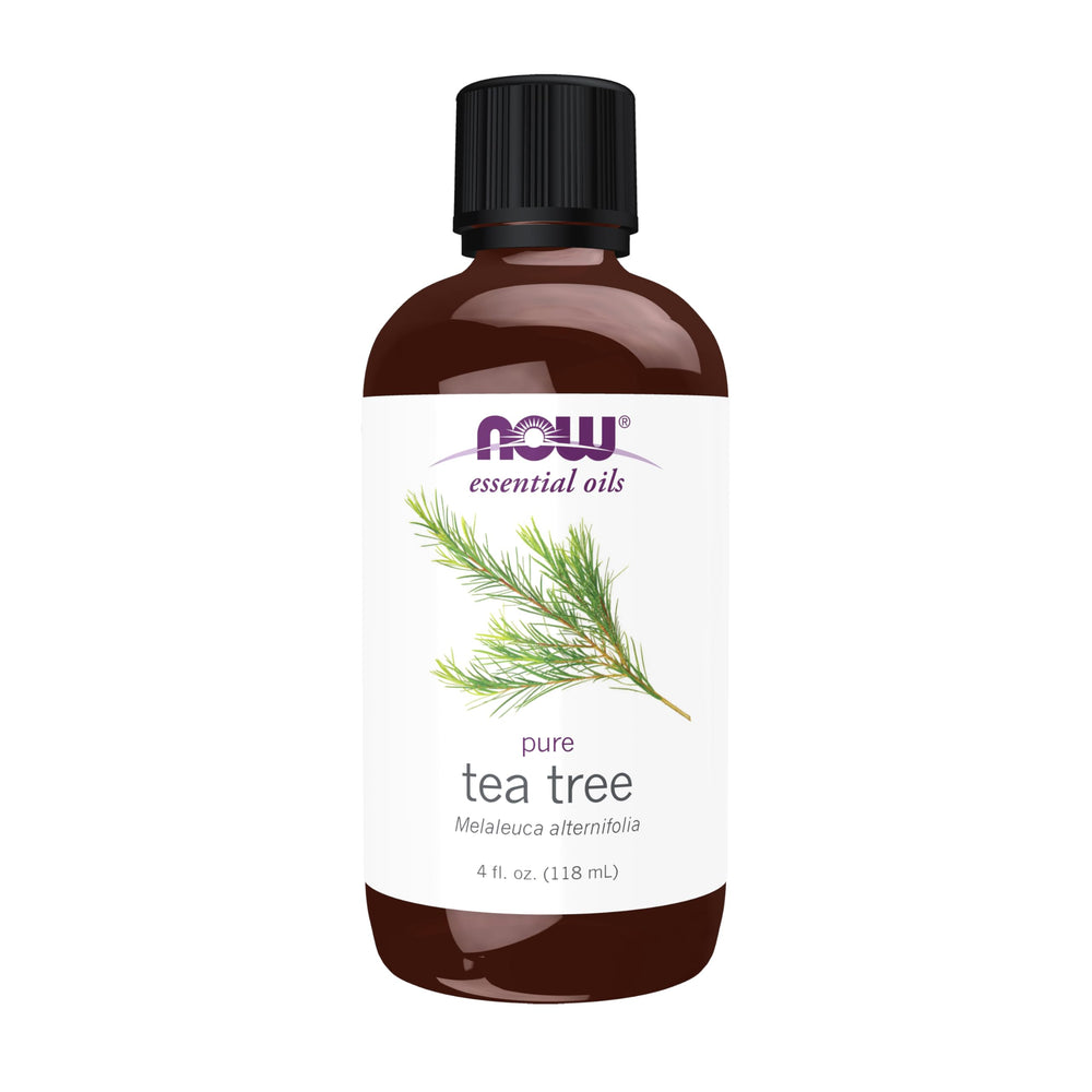 NOW Foods Tea Tree Oil bottle close-up highlighting purity for diffusion.
