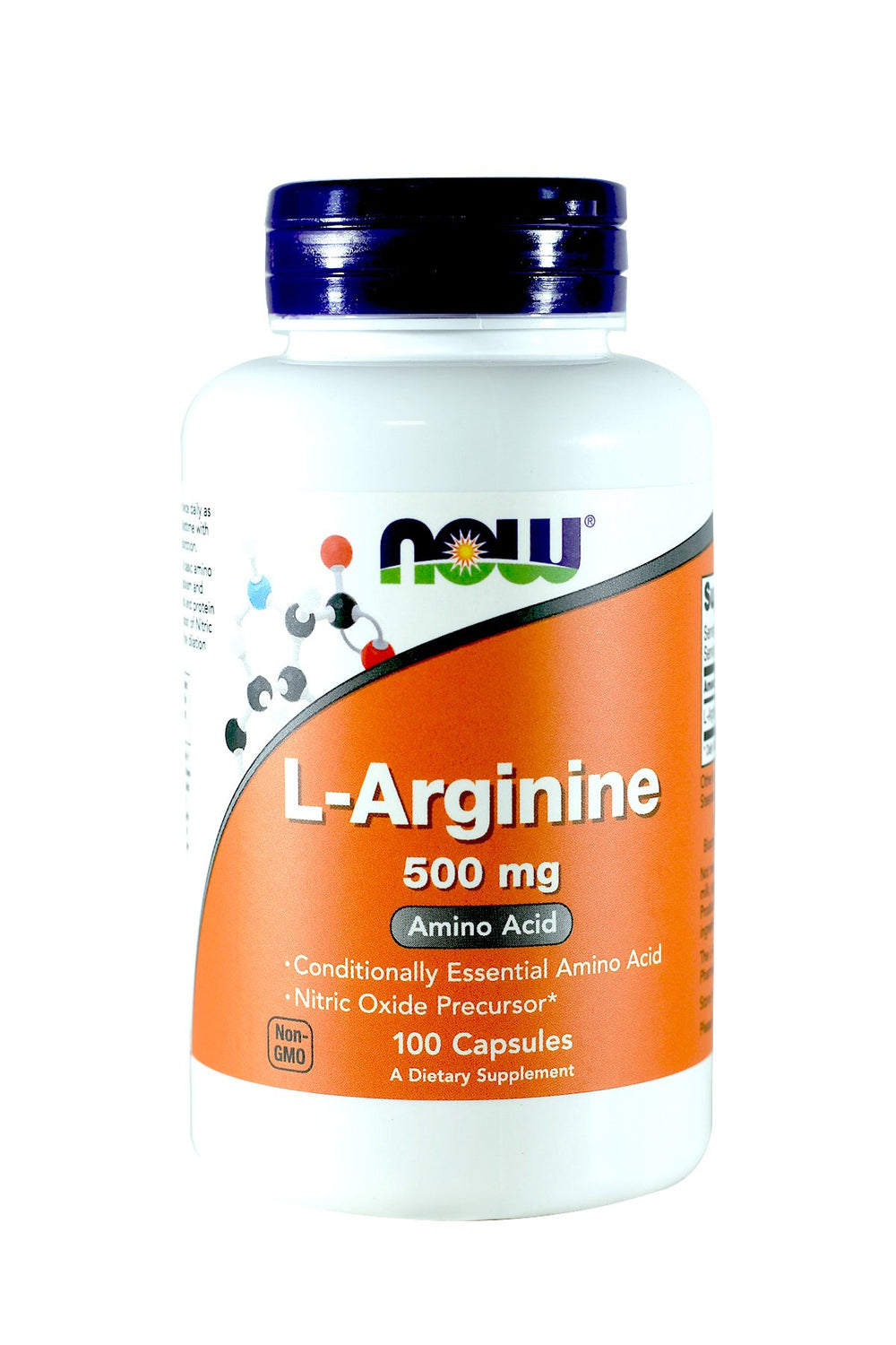 Now Foods Arginine 500mg bottle image showing 100 capsules for daily amino acid support.