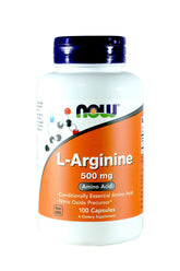 Now Foods Arginine 500mg bottle image showing 100 capsules for daily amino acid support.