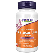 NOW Foods Astaxanthin 10 mg softgel bottle highlighting non-GMO formula and antioxidant potential