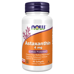 NOW Foods Astaxanthin 4 mg softgels bottle pour offers easy daily antioxidant support.