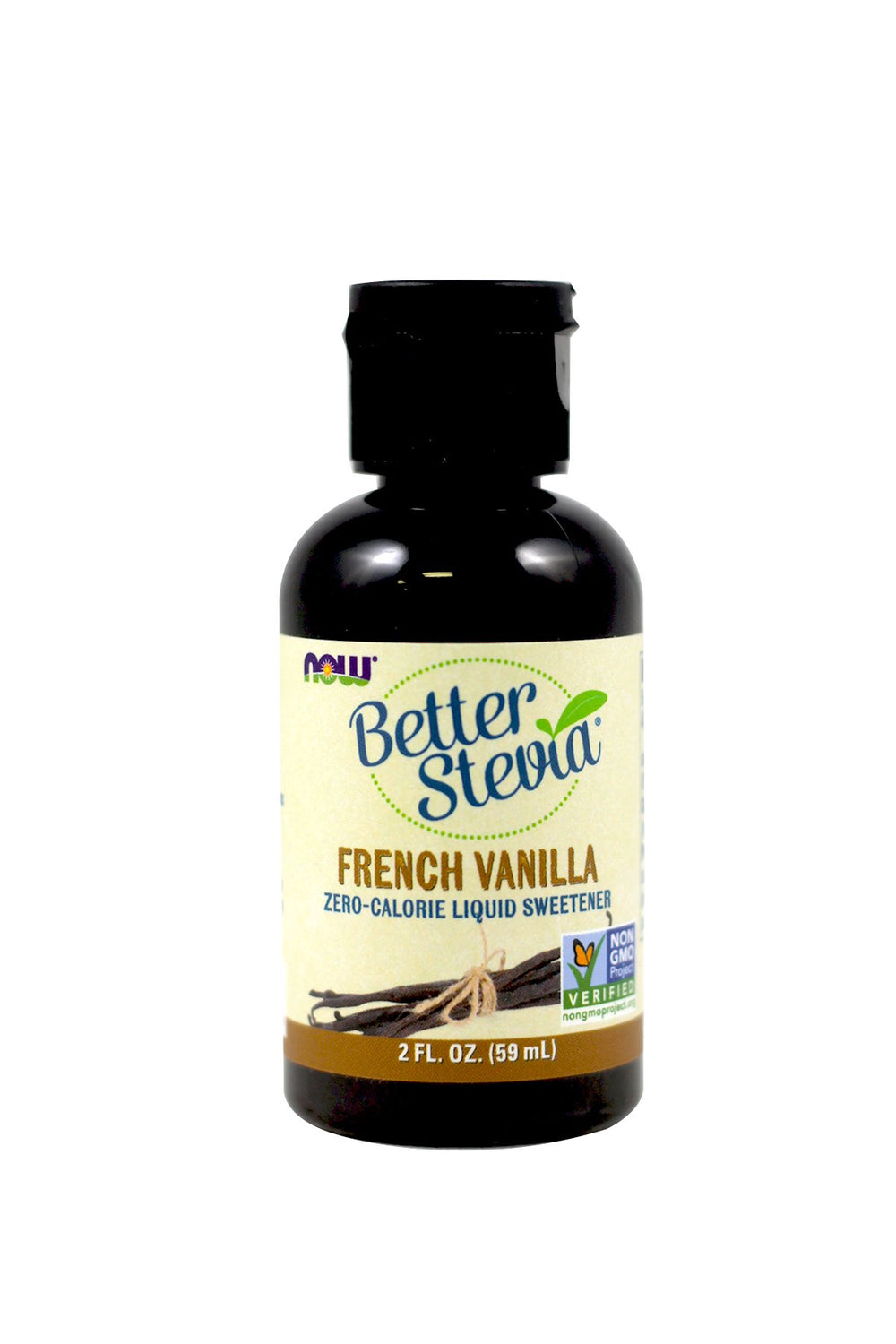 Now Foods BetterStevia French Vanilla bottle for zero-calorie sweetness in drinks.