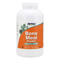 NOW Foods Bone Meal Powder bottle on a clean surface, ready to use in meals.