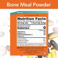 NOW Foods Bone Meal Powder with scoop beside the jar for easy measuring.