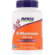 NOW Foods D-Mannose bottle with 500 mg capsules for urinary tract cleansing and bladder health.