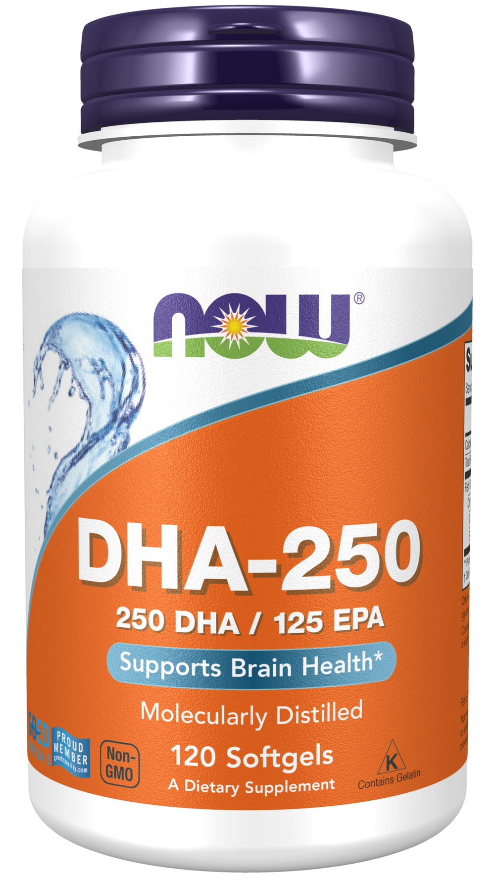 NOW Foods DHA-250 bottle front view for easy daily omega-3 intake