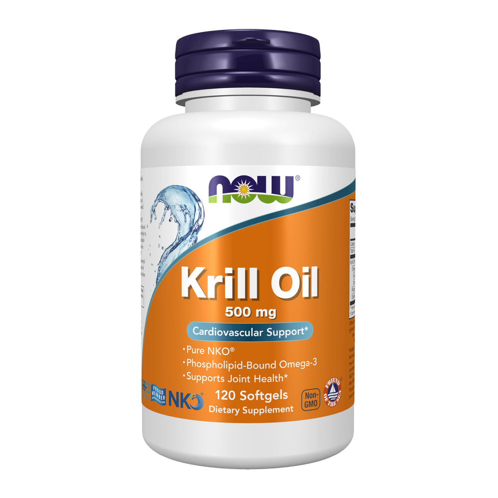 NOW Foods Krill Oil bottle pour showing convenient daily omega-3 routine and cardiovascular support