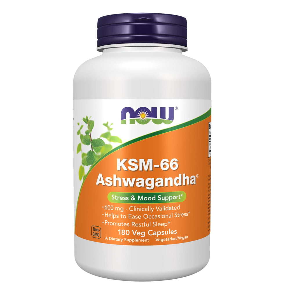 NOW Foods KSM-66 Ashwagandha bottle ready for daily stress support.
