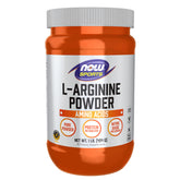 NOW Foods L-Arginine powder bottle showing clear packaging and nitric oxide precursor potential