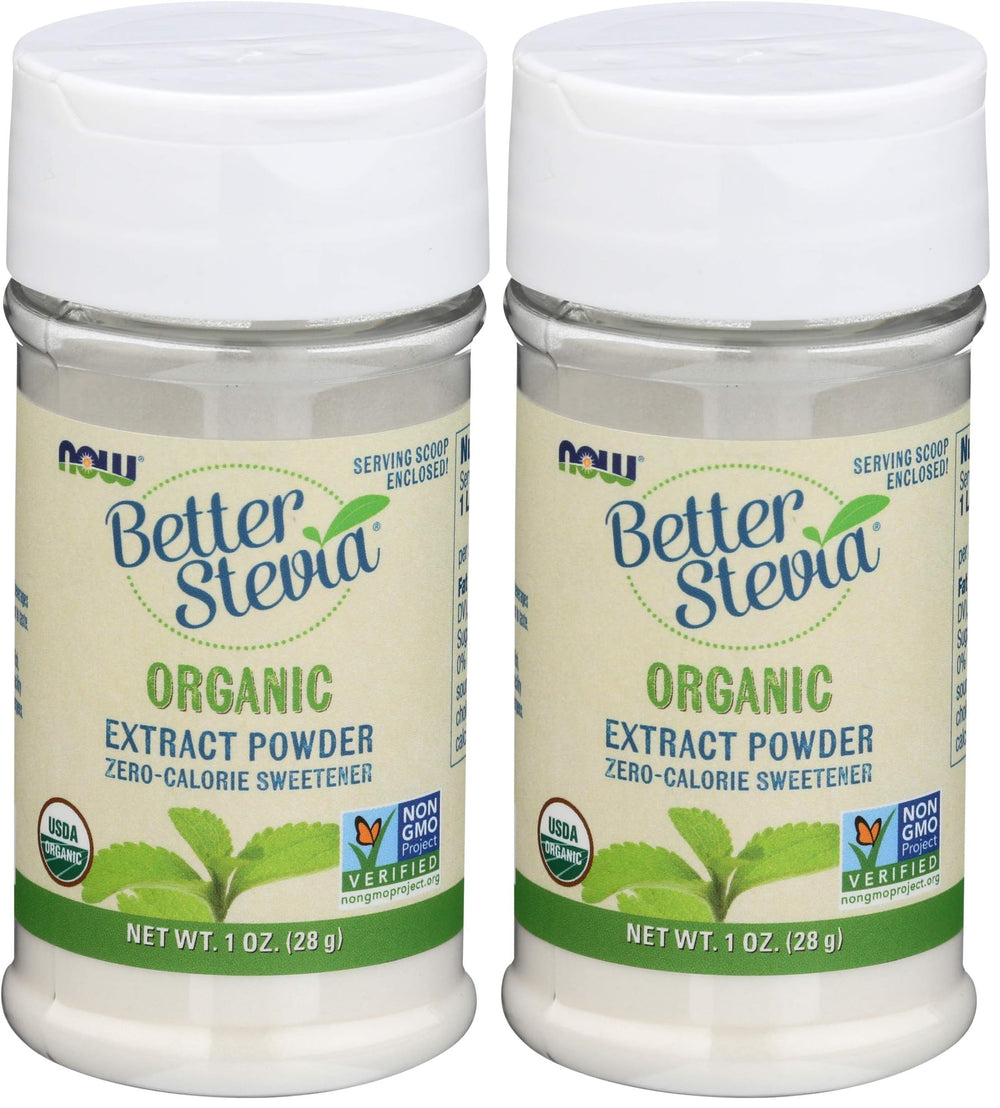 NOW Foods Organic Better Stevia Extract Powder jar for zero-calorie sweetness in drinks and desserts.