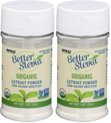 NOW Foods Organic Better Stevia Extract Powder jar for zero-calorie sweetness in drinks and desserts.
