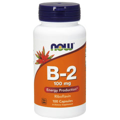 NOW Foods riboflavin 100mg bottle pouring; supports daily energy metabolism.
