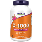 NOW Foods Vitamin C-1000 with rose hips bottle shows sustained-release capsules for steady intake