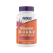 NOW Foods Vitamin D3 K2 bottle front showing bone and cardiovascular support