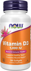 NOW Foods Vitamin D-3 softgels bottle for daily bone and dental health support