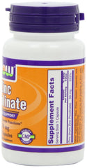 NOW Foods Zinc Picolinate 50mg bottle side view on shelf for convenient use.