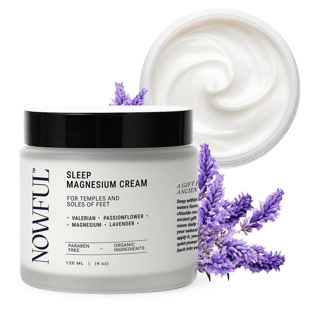 Nowful Sleep Aid Cream bottle close-up for calming bedtime ritual