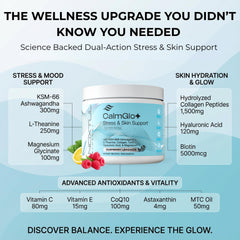 Noxtul CalmGlo+ ingredients panel reveals balanced adaptogens and support nutrients.