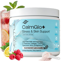 Noxtul CalmGlo+ bottle front shows a stress support blend for calm focus.