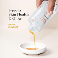 Nu Skin Beauty Focus Collagen+ packet pour into glass demonstrates easy on-the-go use