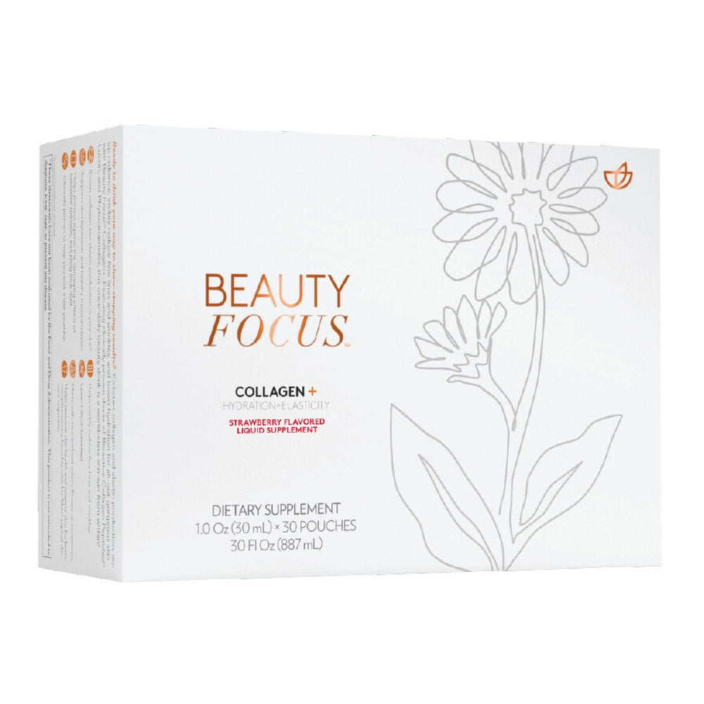 Nu Skin Beauty Focus Collagen+ bottle highlighting marine collagen for skin support.