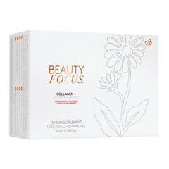 Nu Skin Beauty Focus Collagen+ bottle highlighting marine collagen for skin support.