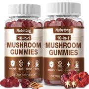 Nubetong Mushroom Gummies bottle shows 10-mushroom complex for daily immune and focus support.