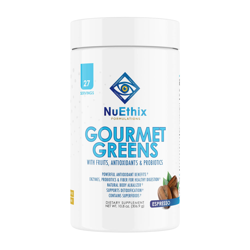 NuEthix Gourmet Greens Espresso bottle pour for quick, energizing greens boost.